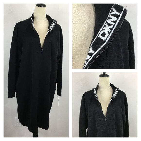 NWT DKNY DONNA KARAN New York Long Sleeve Black White Logo Print Collar Sweater - Picture 1 of 10